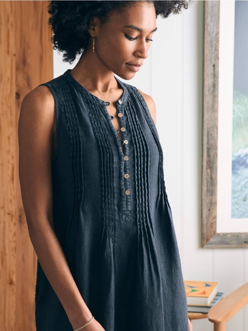 Faherty Black Linen Isha Sleeveless Dress with Pockets Unworn